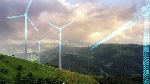 Futuristic Technology Concept. Aerial View of Wind Turbines Energy Production. Digital Network Over Ecology Safe Alternative Energy Source. Renewable energy production for green ecological world