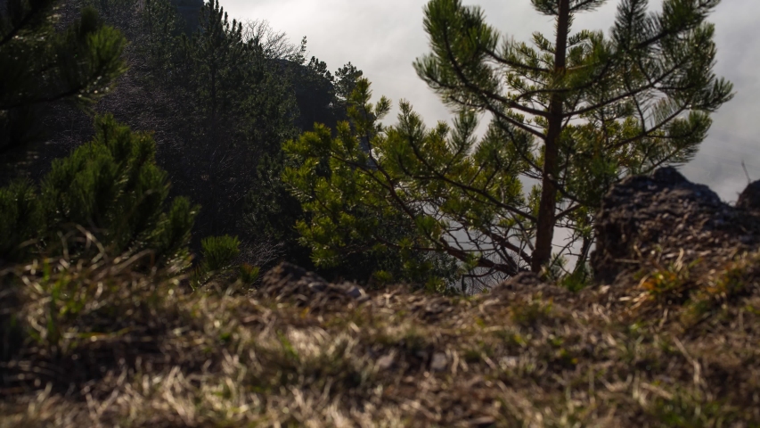 Time lapse with vertical movement and foggy weather and mountains in the background
