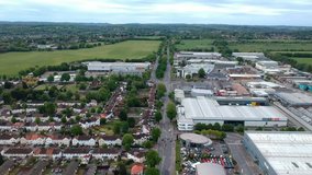 Drone or aerial footage, effect of the Lockdown due to Covid 19, Empty streets somewhere in the United Kingdom. Aerial view of a residential and industrial area.