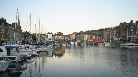 HONFLEUR, FRANCE - 4TH JULY 2019: Vieux Port (Old Harbor), houses and boats in Honfleur, France.