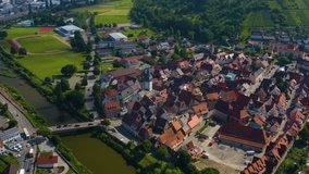Aerial view from the old town of the city Niedernhall in Germany. On a sunny day in spring.