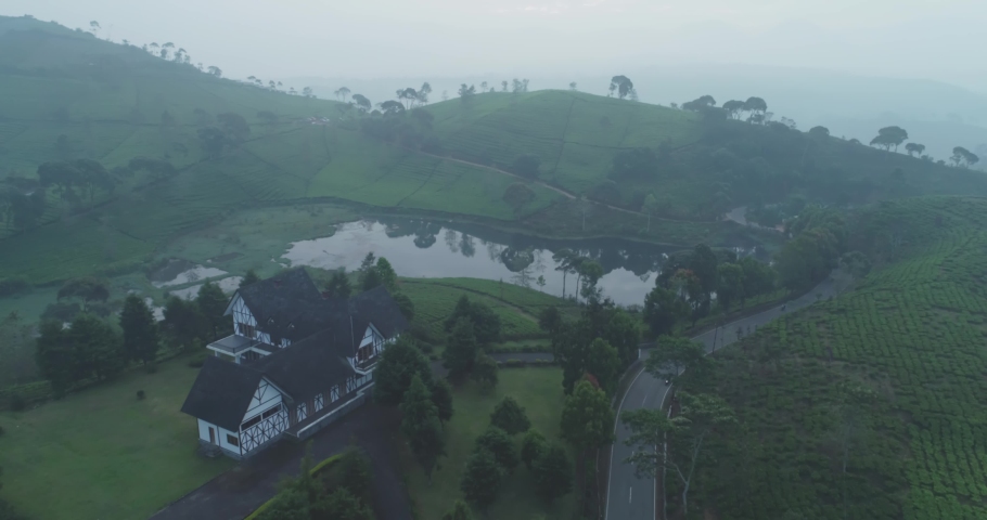 Established Aerial View of Lakeside Villa with Germany Architecture Design At Cukul Pangalengan, Pengalengan, West Java Indonesia