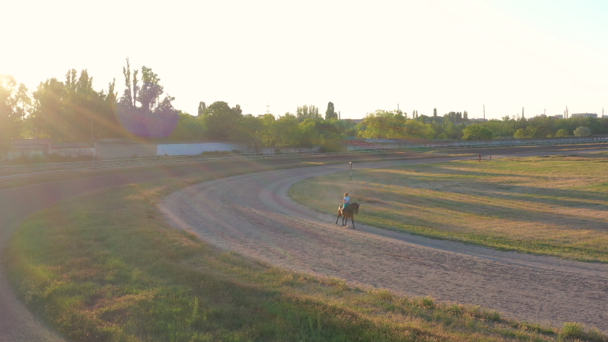 aerial 4k shot of woman riding horse. Horse riding training on hippodrome
