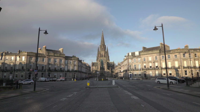 Empty streets during Covid 19 Coronavirus lockdown. Quarantine in Edinburgh, Scotland, UK. St Marys Cathedral | Shutterstock HD Video #1055566814