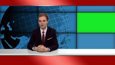 Young elegant media broadcaster telling last news in tv studio with green mockup screen, 4k shot