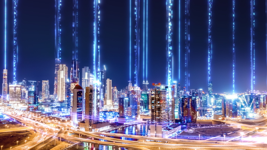 Aerial Drone Footage At Dusk Panoramic Skyline Of Metropolitan City Futuristic Network and Technology 5G Drone Low Light 4k | Shutterstock HD Video #1055569133