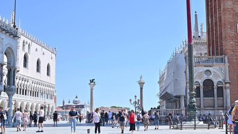 VENICE, ITALY . June 28, 2020. . Tracking POV shot. Piazza San Marco, St. Mark’s Basilic located in Venice Italy
