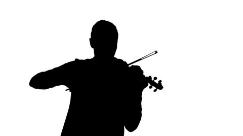 A talented violinist virtuoso fast plays the classical violin. Symphony music concert. Black silhouette on a white background. Medium long shot