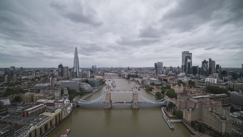 Tower Bridge, Overcast, Establishing Aerial View of London UK, United Kingdom