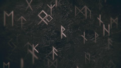 Dark grunge runic motion background with gently moving metallic runes and black rock texture.