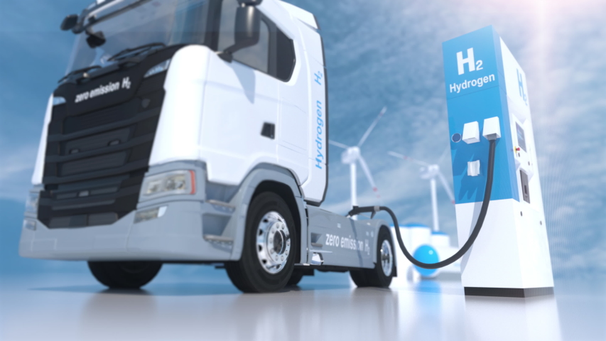 Hydrogen logo on gas stations fuel dispenser. h2 combustion engine for emission free ecofriendly transport. 3d rendering tracking shot | Shutterstock HD Video #1055592023