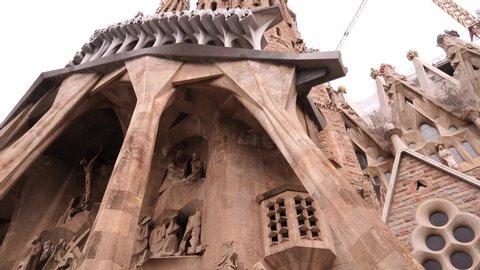 Barcelona, Spain - 15 December 2019: Facade of passions - Sagrada Familia in Barcelona.