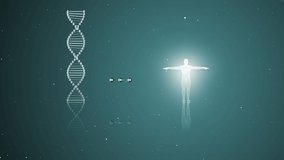 3D animation of abstract DNA and human hologrm illuminating over blue background.