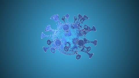 Animation of virus or cell with depth of field translucent geometric structure floating over blue background.