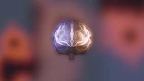 Mindfulness concept. Glowing brain structure rotating over blurred red light background.
