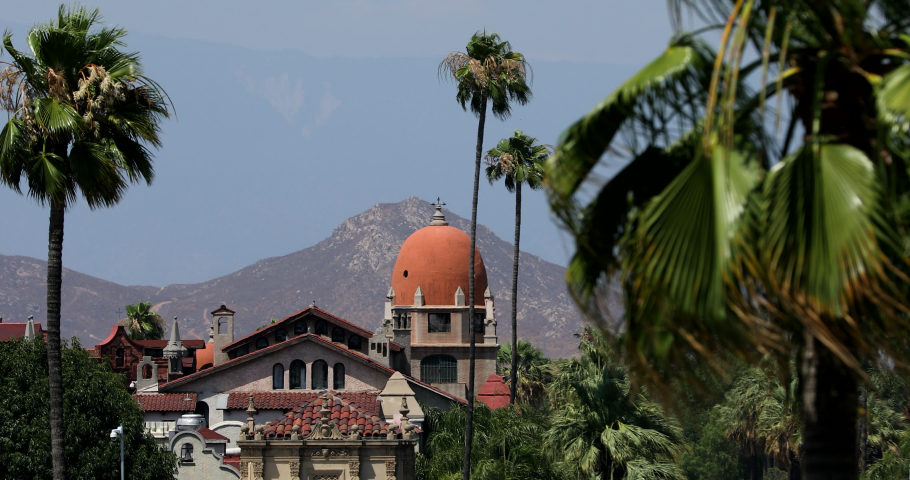 Elevated day time view of the historic city center of downtown Riverside, California.