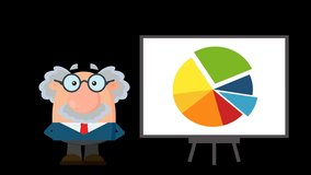 Professor Or Scientist Cartoon Character Pointing Progressive Pie Chart On A Board. 4K Animation Video Motion Graphics Without Background