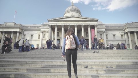 London, England - February 19 2019: Walking Up Steps to The National Gallery