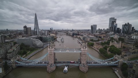 Tower Bridge, Overcast, Establishing Aerial View of London UK, United Kingdom typical day