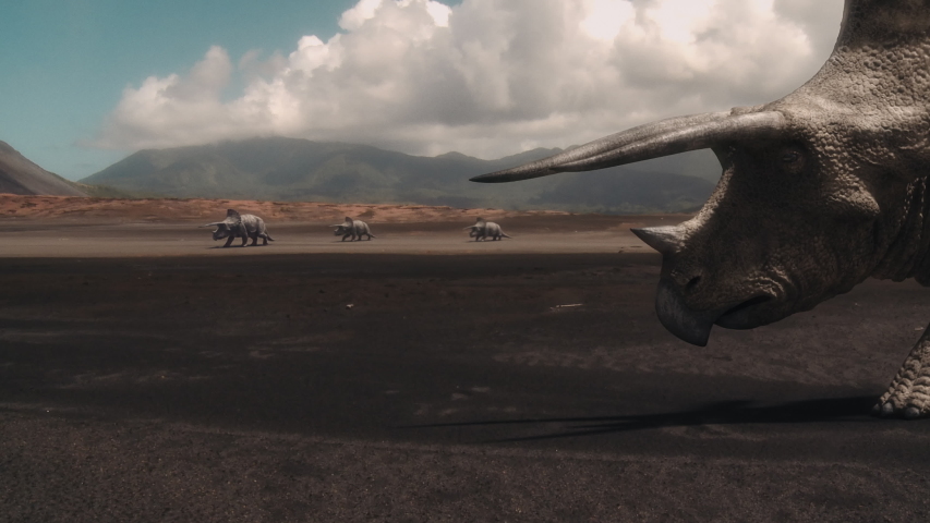 Triceratops Migrate across volcanic plains Royalty-Free Stock Footage #1055628710
