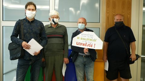 OLOMOUC, CZECH REPUBLIC, JUNE 29, 2020: Coronavirus mask face Czech activist people team council Olomouc, activism covid-19 outbreak, banner alternative study stages is better cheaper