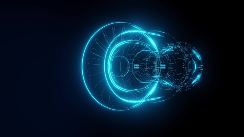 3D Model Detailed Silhouette of Jet Engine Turbine. Blue Jet Made of Blue Lines in Tron Style. Royalty-Free Stock Footage #1055634077