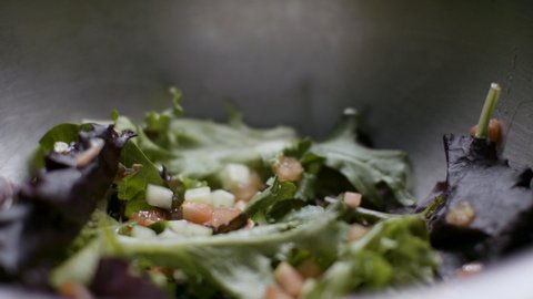 Seasoning a salad. Creating a tasty salad for a healthy meal. Shot in 4k. 
