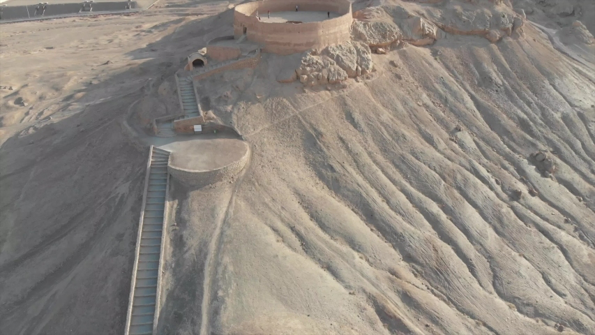 Tower of Silence / Dakhme. It is the ancient Zoroastrian cemetery, located in the Yazd Province of Iran. 4k Drone footage. Iran footage 4k.