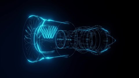 3D Model Detailed Silhouette of Jet Engine Turbine. Blue Jet Made of Blue Lines in Tron Style.