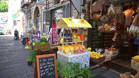 Vietri sul Mare, Italy. July 8th, 2020. Typical food shop shows its products and delicatessen in a small street. Vietri sul Mare is the first town on the Amalfi Coast starting from the south.