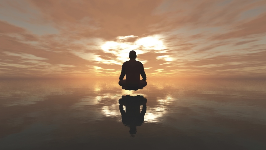 3D render of a young man sitting in deep meditation.Yoga meditation by a man on the ocean at sunrise, 3D Rendering, Perfect for cinema, Seamlessly looped animation.  Royalty-Free Stock Footage #1055648264