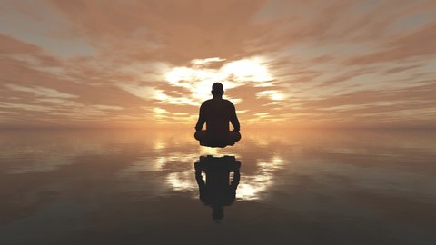 3D render of a young man sitting in deep meditation.Yoga meditation by a man on the ocean at sunrise, 3D Rendering, Perfect for cinema, Seamlessly looped animation. 