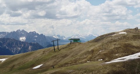 Selva Val Gardena, Italy - June 1.2020: Col Rodella chairlift station on hill. Aerial view of Funicular Station in Summer