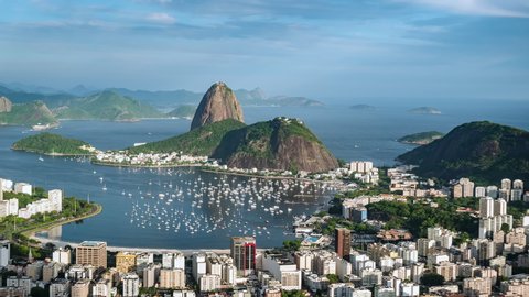 Rio de Janeiro, Brazil, sunset timelapse view of Rio cityscape including natural landmark Sugar Loaf Mountain and Guanabara Bay during summer. 