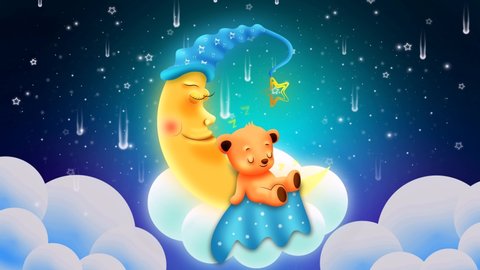 Cute bear cartoon sleeping on the moon, kids sleep background, looped shooting stars at night animation.