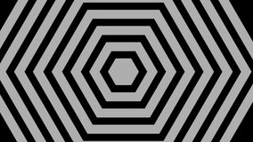 Graphic object in the shape of concentric hexagons, in black and white with a stroboscopic and hypnotic effect, which rotates clockwise decreasing the size from the full screen to the disappearance in