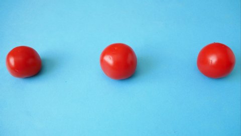 fresh organic tomatoes dance on a blue background. creative video, stop motion animation, time lapse	