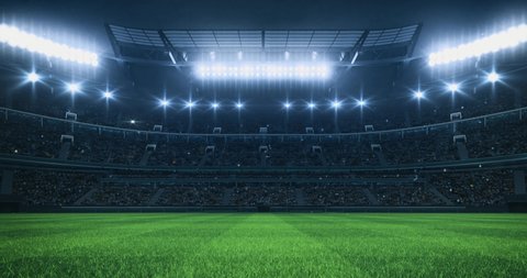 Sports Video background with a stadium full of fans, grass pitch and with spotlights on. Sport building 4k loop animation.