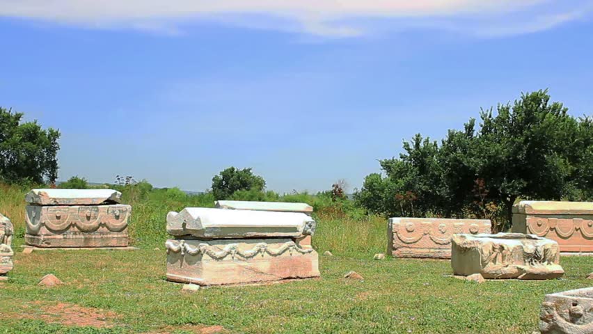 Sarcophagi in Ephesus, Turkey. Panoramic view. Ephesus played a great role in the ancient times with its strategic location. It is located on a very fertile valley.
