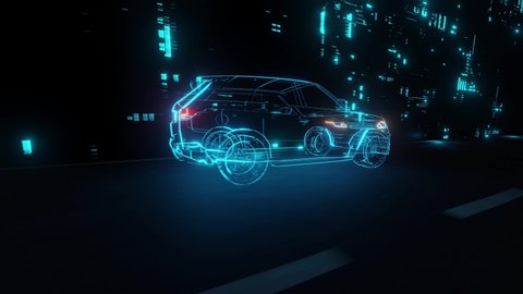 3D Model Detailed Silhouette of Autonomous Car Driving at High Speed. Blue Supercar Made of Blue Lines Driving Fast on Highway in Tron Style. Racing into the Light Video de stock