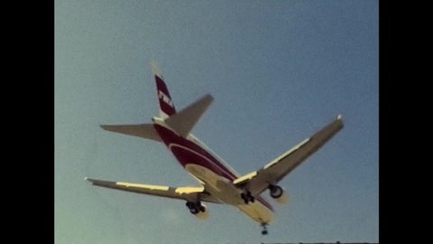 Los Angeles, California / USA - CIRCA 1983: A TWA Boeing 767 approaching Los Angeles International Airport LAX.