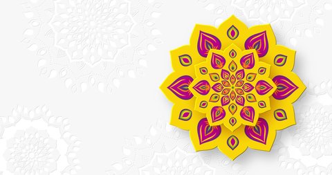 Rotating Indian Rangoli for Diwali festival of lights. Bright yellow color on white background. Seamless 4K loop video animation.