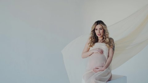 Beautiful Middle-Eastern Pregnant Woman Caressing Maternity Tummy and Waiting For Childbirth. Flying Tissue on the Background. Glamorous Fashion portrait of Feminine Pregnancy. Slow motion.