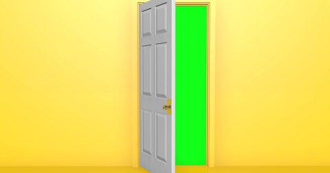 3d open door transition with zoom effect on green screen chroma key background. Entry and exit gate concept. Opportunity, future, hope, new beginning, freedom metaphor. Movement sequence animation 4k 