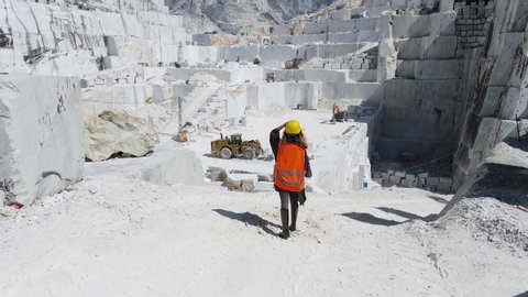 Carrara, Italy - July 9 2020: The white marble quarry from a drone
