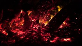 Close up of the flames and embers in a burning campfire at night