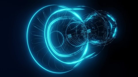 3D Model Detailed Silhouette of Jet Engine Turbine. Blue Jet Made of Blue Lines in Tron Style.