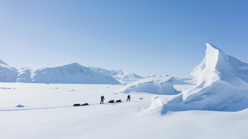 A group of extreme adventurer and a husky dog are hiking with skis in the middle of a snowy, frozen fiord towards north pole, crossing two giant ice berg and pulling bulka sledges  | Shutterstock HD Video #1055713745