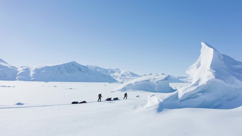 A group of extreme adventurer and a husky dog are hiking with skis in the middle of a snowy, frozen fiord towards north pole, crossing two giant ice berg and pulling bulka sledges 
