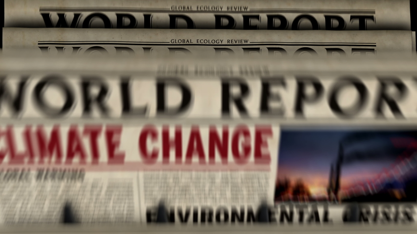 Climate change world report, global warming, ecology and environmental crisis news. Daily newspaper printing. Vintage paper media press production abstract concept. Retro style 3d rendering animation. | Shutterstock HD Video #1055715707